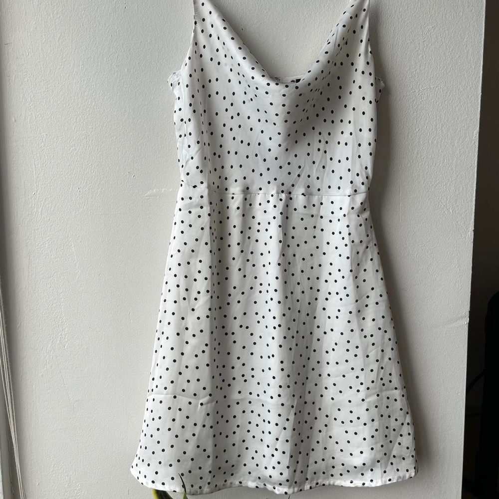 White polka dot satin cowl neck dress